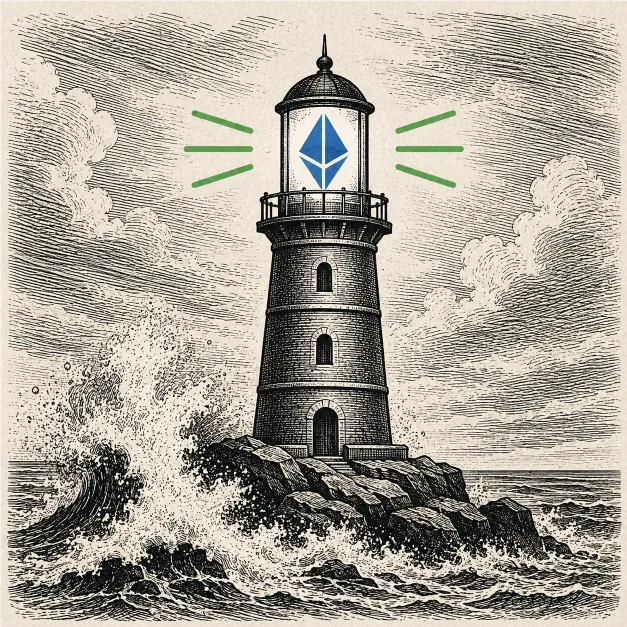 a lighthouse with ethereum symbol for light logo