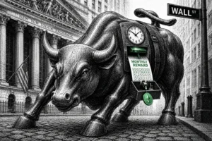 Illustration of the Wall Street bull statue punching a time clock labeled monthly reward, representing how BlackRock's Ethereum Staking ETF pays investors on a schedule