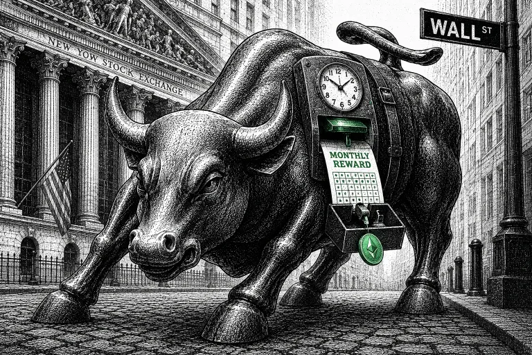 Illustration of the Wall Street bull statue punching a time clock labeled monthly reward, representing how BlackRock's Ethereum Staking ETF pays investors on a schedule