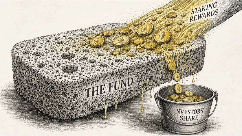 Illustration of a sponge absorbing a stream of coins with a smaller bucket catching overflow, symbolizing how ETHB splits Ethereum Staking ETF rewards between investors and fees
