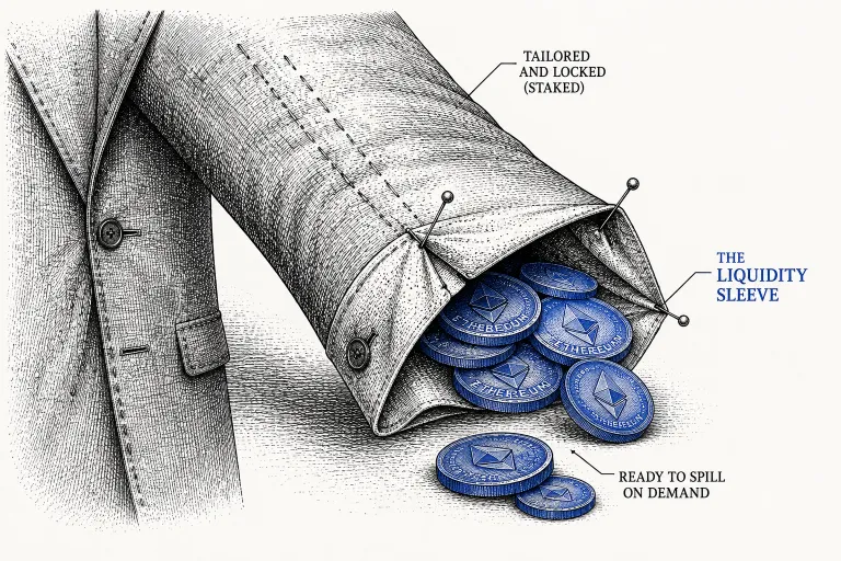 Illustration of a tailor's sleeve holding loose coins ready to spill out, representing the liquidity buffer built into BlackRock's Ethereum Staking ETF