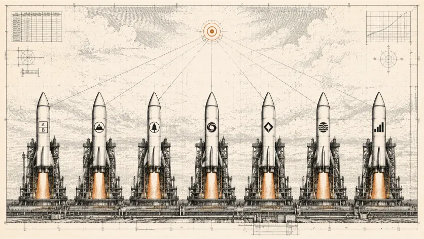 Blueprint-style illustration of multiple rockets launching together, representing competing asset managers racing to launch their own Ethereum Staking ETF products