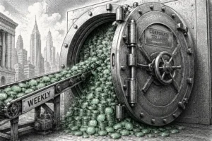 Illustration of a corporate vault overflowing with coins fed by a weekly conveyor belt, representing BitMine's Ethereum Treasury accumulation strategy