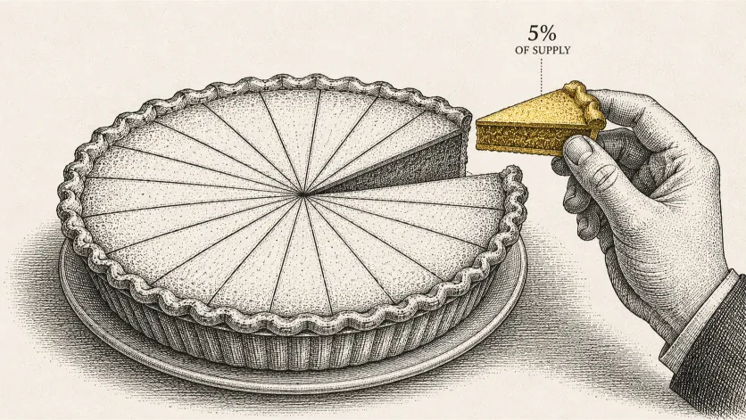 Illustration of a hand holding up a thin slice of a pie chart, symbolizing BitMine's goal of acquiring 5% of Ethereum's total supply