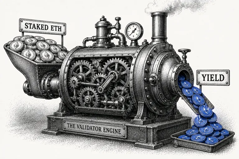 Illustration of a steam-engine machine converting staked coins into yield, representing how BitMine's Ethereum Treasury generates staking revenue