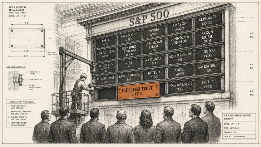 Blueprint-style illustration of a new company nameplate being added to an index board, representing BitMine's inclusion in the Russell 1000 following its Ethereum Treasury growth