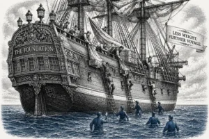 Illustration of a ship's crew trimming sail and cargo for a longer voyage, representing the Ethereum Foundation Layoffs and shift toward a leaner endowment model