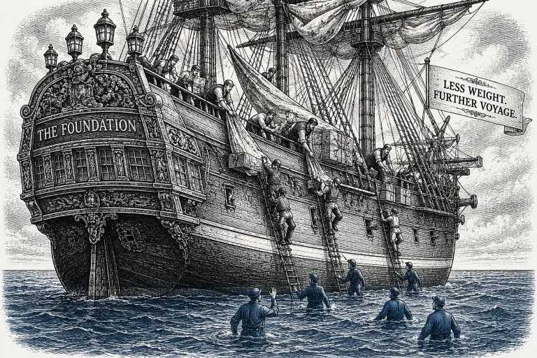 Illustration of a ship's crew trimming sail and cargo for a longer voyage, representing the Ethereum Foundation Layoffs and shift toward a leaner endowment model