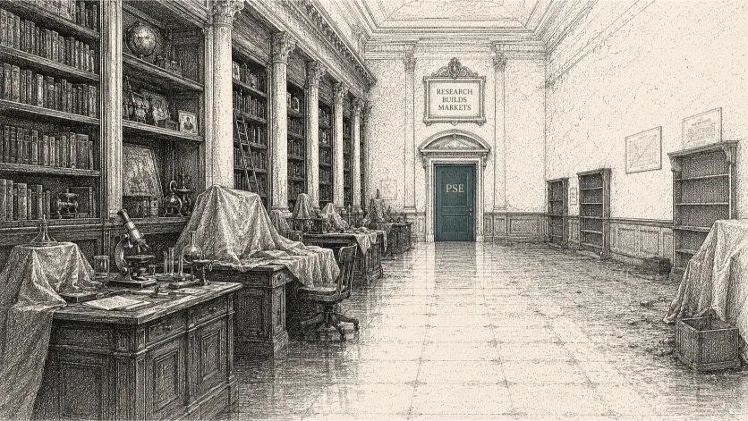 Illustration of a half-emptied research library with a closed door at the end of the hall, symbolizing the shutdown of the Ethereum Foundation's PSE privacy research unit