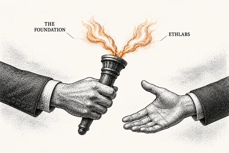Illustration of a torch flame splitting between two hands during a handoff, representing the uncertain relationship between EthLabs and the Ethereum Foundation Layoffs restructuring