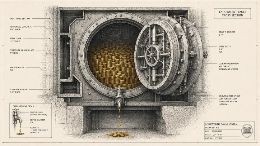 Blueprint-style illustration of a reinforced vault releasing only a narrow drip of coins, representing the Ethereum Foundation's shift to a 5 percent annual endowment spending model