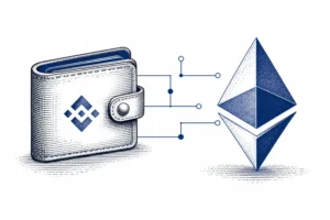 Editorial illustration of a crypto wallet connected to an Ethereum symbol, representing Binance adopting ENS