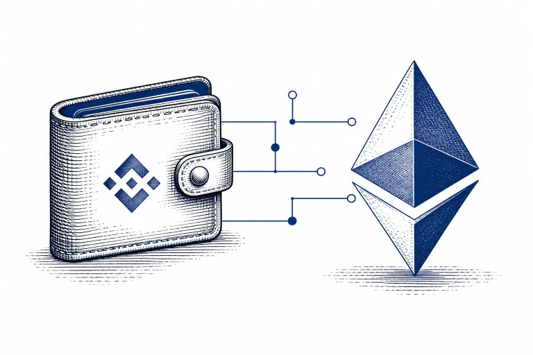 Editorial illustration of a crypto wallet connected to an Ethereum symbol, representing Binance adopting ENS