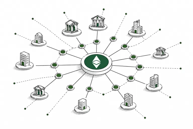 Editorial illustration of a network of connected nodes radiating outward, symbolizing industry-wide adoption