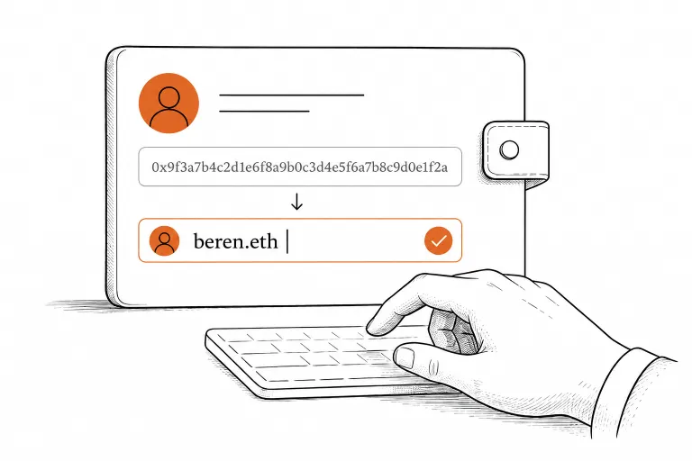 Editorial illustration of a cursor typing a readable name into a digital wallet interface. Binance Adopts ENS