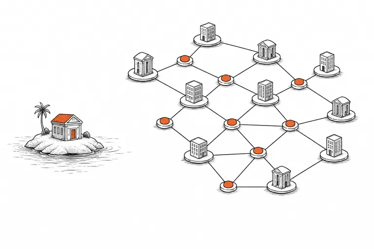 Editorial illustration of an isolated island disconnected from a nearby network of connected nodes Why Wall Street Chose Ethereum