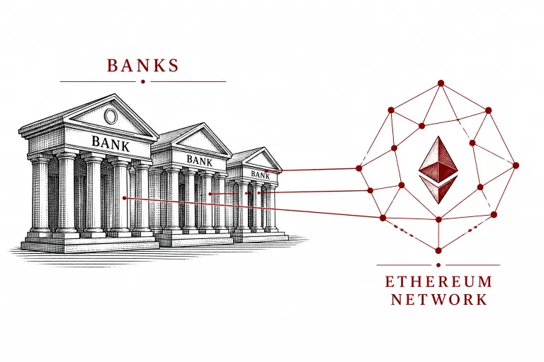 Editorial illustration of classical bank column facades connected to an abstract network pattern