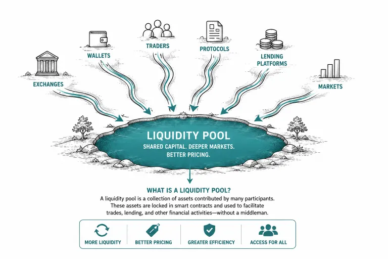 Editorial illustration of flowing lines converging into a single pool, symbolizing liquidity gathering in one place