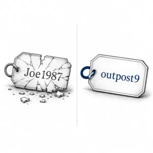 Illustration contrasting a cracked name tag reading Joe1987 with an intact name tag reading outpost9
