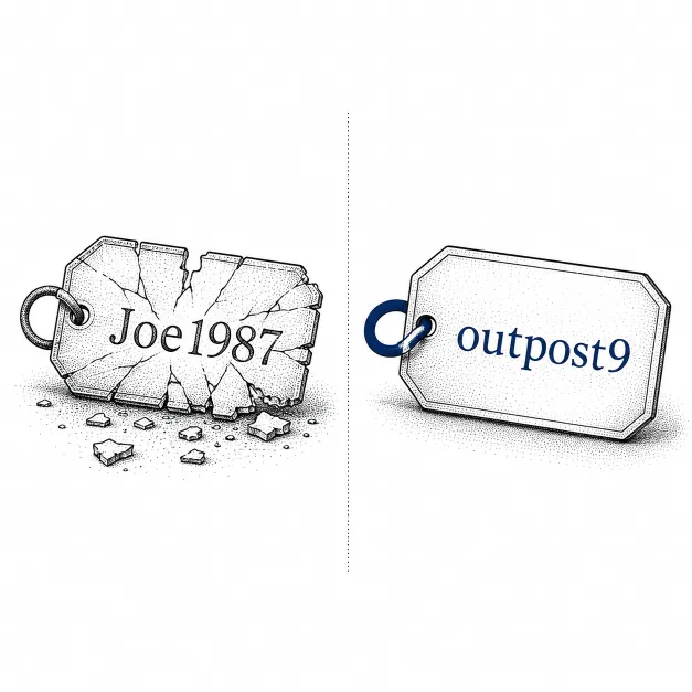 Illustration contrasting a cracked name tag reading Joe1987 with an intact name tag reading outpost9
