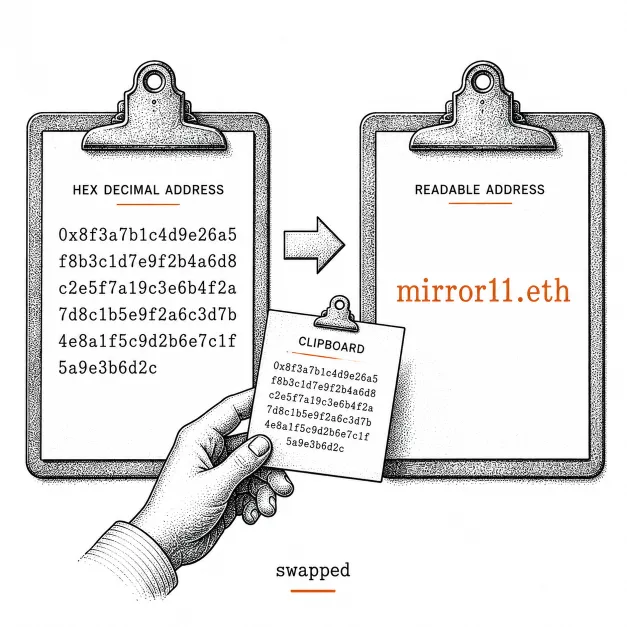 Illustration of a clipboard icon with text being silently swapped, labeled swapped Anonymous but Memorable .eth Name