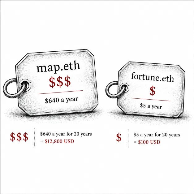 Illustration comparing an expensive price tag on a short name with a cheap price tag on a longer name
