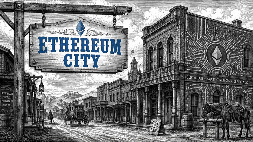 Illustration of Ethereum City representing Ethereum, smart contracts, and the blockchain ecosystem