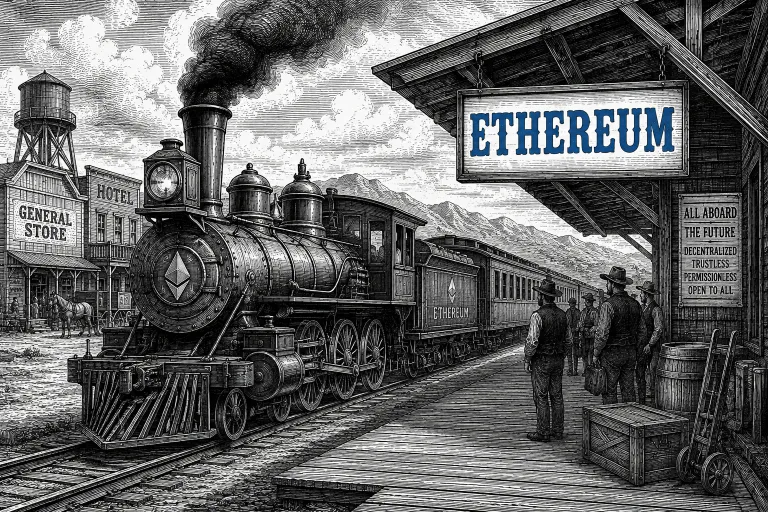 Steam locomotive arriving in Ethereum City representing Ethereum smart contracts and the growth of the blockchain ecosystem
