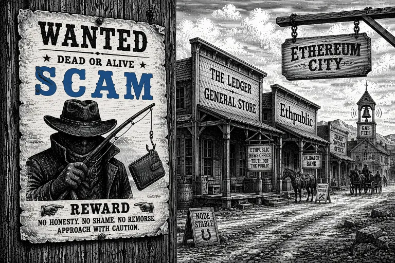 Wanted poster warning about Ethereum scams in Ethereum City with a scammer targeting cryptocurrency wallets