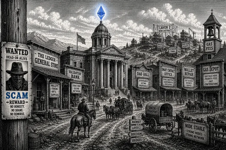 Frontier town representing Ethereum with Layer 1 courthouse and growing Layer 2 district
