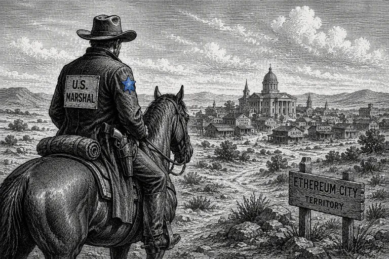 Federal marshal riding toward Ethereum City, representing law enforcement watching the blockchain from outside