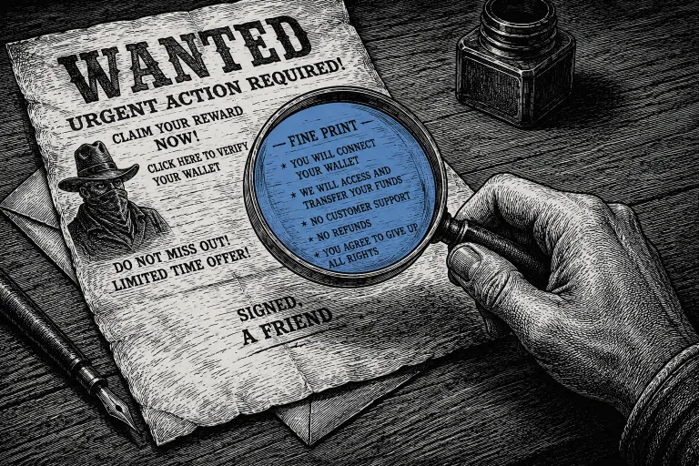 Magnifying glass inspecting a suspicious Ethereum scam message to verify links before interacting with a crypto wallet