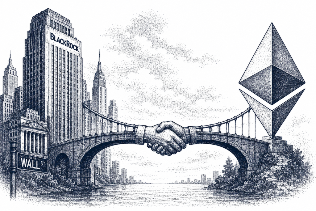WSJ-style stipple illustration of a bridge connecting Wall Street to an Ethereum diamond logo, symbolizing BlackRock and Ethereum
