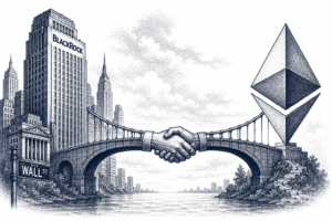 WSJ-style stipple illustration of a bridge connecting Wall Street to an Ethereum diamond logo, symbolizing BlackRock and Ethereum