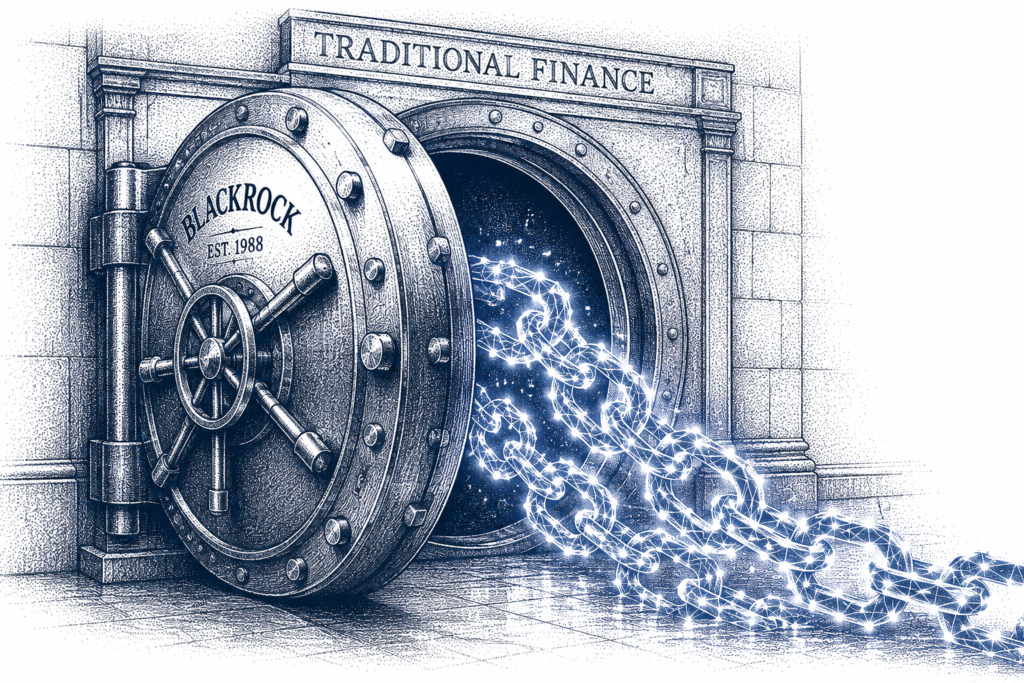 Stipple engraving of a balance scale weighing gold coins against an Ethereum coin, illustrating the shift driving BlackRock and Ethereum forward