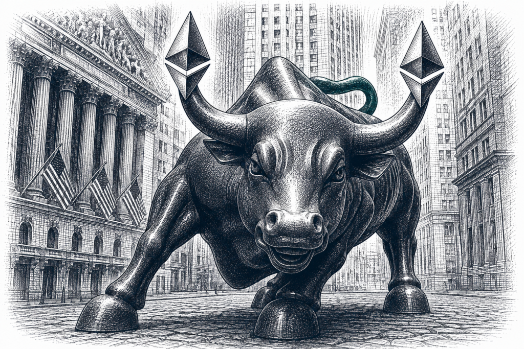 Black and white hedcut illustration of a bank vault opening to a blockchain chain, representing BlackRock and Ethereum coming together
