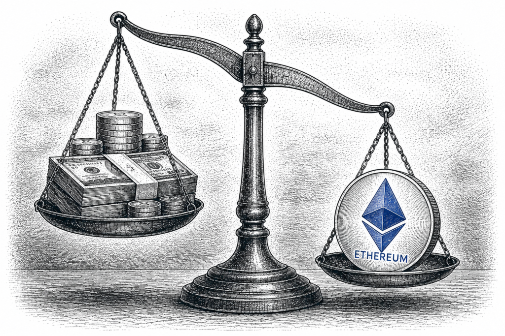 Wall Street bull statue illustration with horns forming the Ethereum logo, depicting the partnership between BlackRock and Ethereum