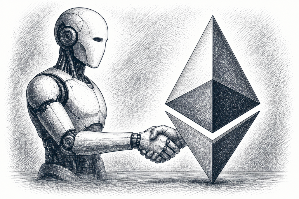 Stipple illustration of a robot shaking hands with an Ethereum diamond logo, representing why AI agents need Ethereum