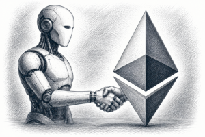 Stipple illustration of a robot shaking hands with an Ethereum diamond logo, representing why AI agents need Ethereum
