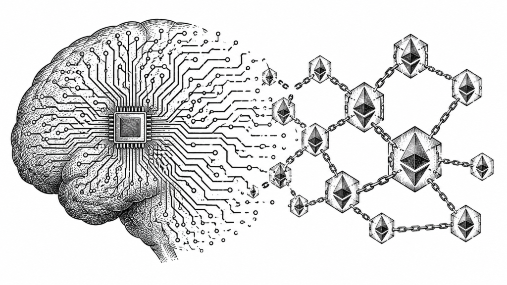 Single-color stipple illustration of a circuit-board brain transforming into a blockchain chain, depicting why AI agents need Ethereum
