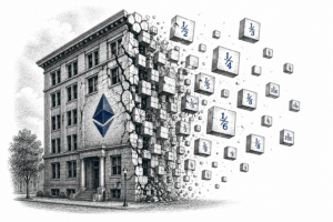 Stipple engraving of a building splitting into small digital tokens, illustrating what is tokenization in a single blue accent color