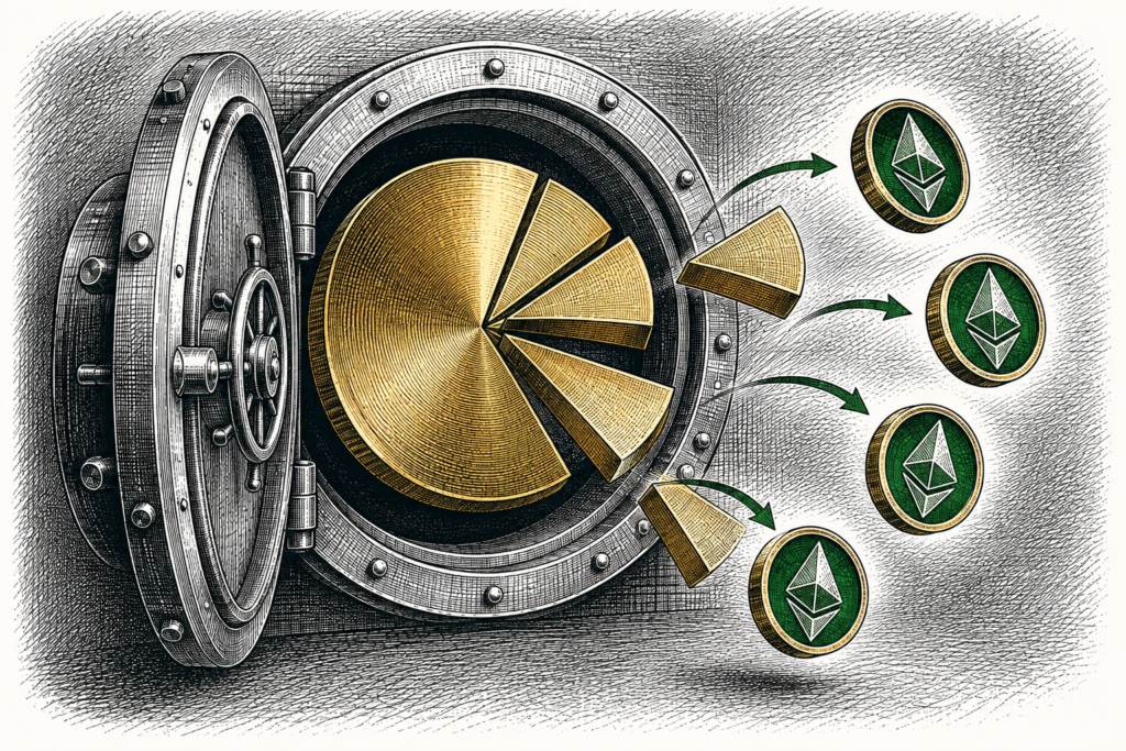 Hedcut engraving of a vault revealing a pie chart splitting into tradable tokens, depicting what is tokenization in a single green accent color