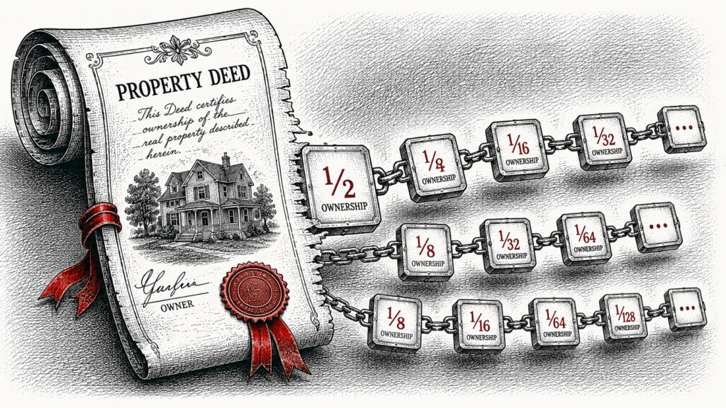 Single-color stipple illustration of a property deed transforming into linked ownership tokens, showing what is tokenization in a single red accent color