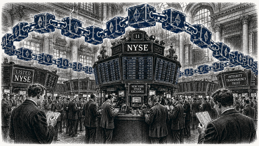 Stipple engraving of a Wall Street trading floor with ticker tape turning into a blockchain chain, illustrating how Ethereum could power Wall Street in a single navy blue accent color