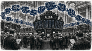 Stipple engraving of a Wall Street trading floor with ticker tape turning into a blockchain chain, illustrating how Ethereum could power Wall Street in a single navy blue accent color