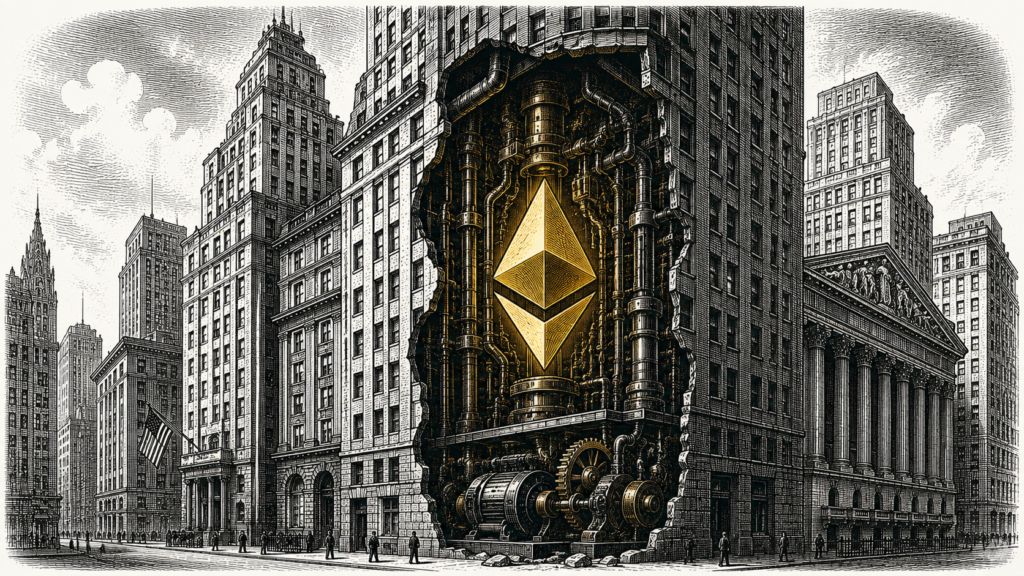 WSJ-style illustration of a Wall Street skyscraper powered by an Ethereum diamond engine, showing how Ethereum could power Wall Street in a single amber gold accent color