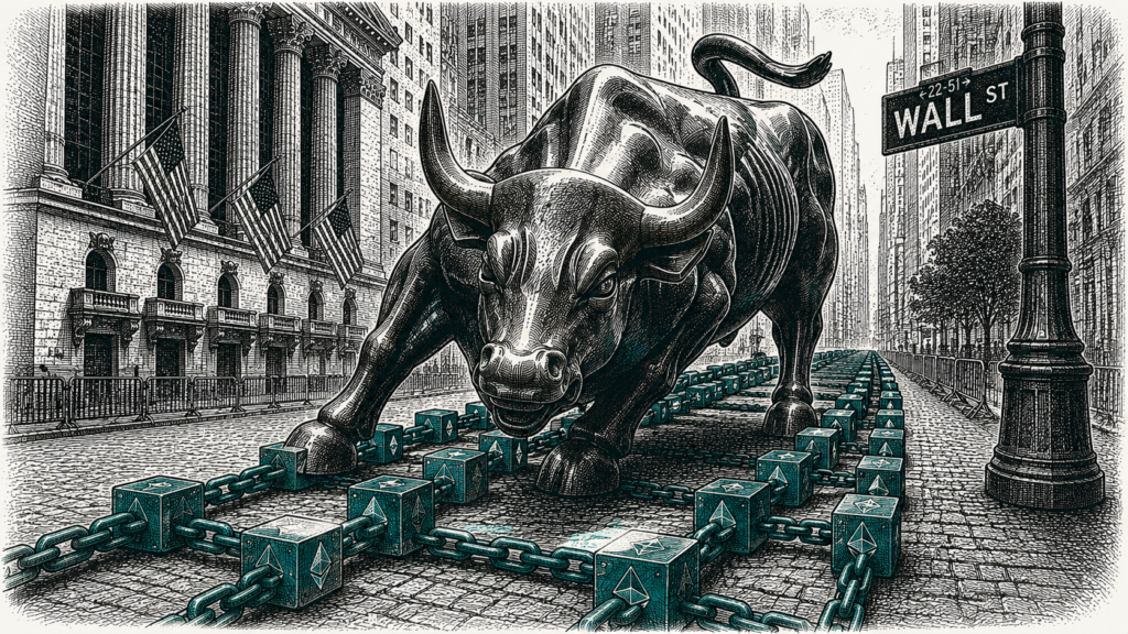 Hedcut engraving of the Wall Street bull running on blockchain rail tracks, depicting how Ethereum could power Wall Street in a single teal accent color