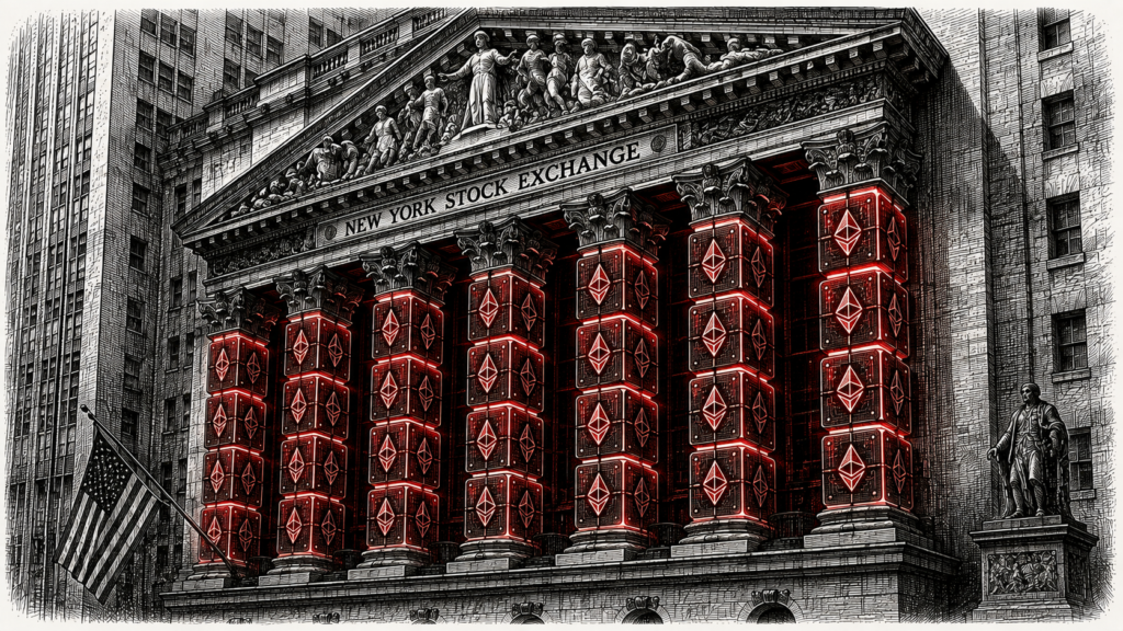 Single-color stipple illustration of stock exchange columns made of blockchain blocks, representing how Ethereum could power Wall Street in a single crimson red accent color