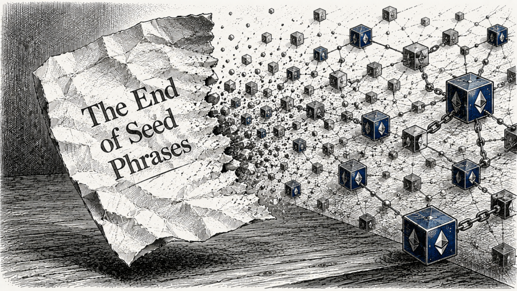 Stipple engraving of a torn sticky note dissolving into blockchain nodes, symbolizing the end of Ethereum seed phrases