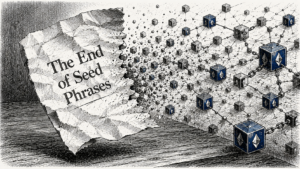 Stipple engraving of a torn sticky note dissolving into blockchain nodes, symbolizing the end of Ethereum seed phrases